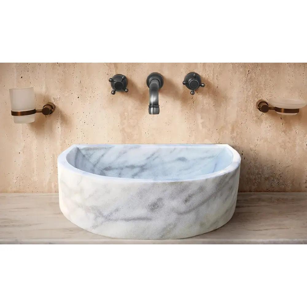Natural Carrara White Marble Wall-Mount Half-Round Bathroom Sink - Polished 20x24x6 by GobekDesign