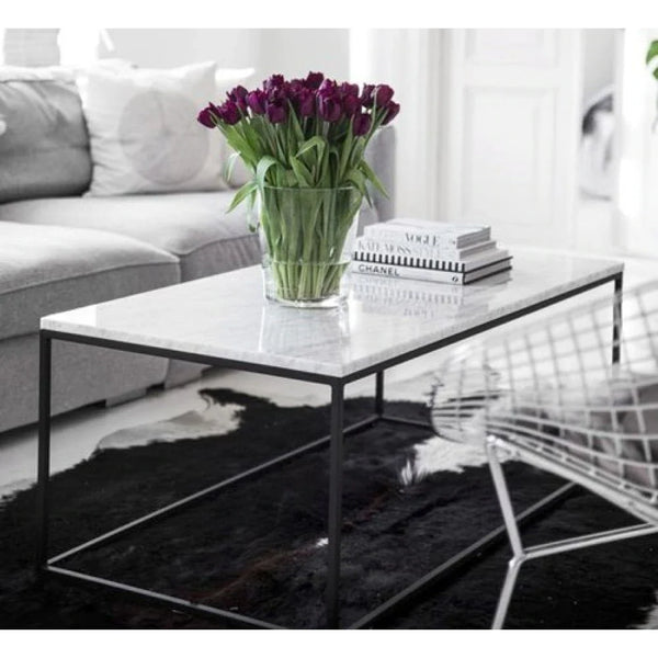 Carrara White Marble Rectangular Coffee Table with Metal Legs