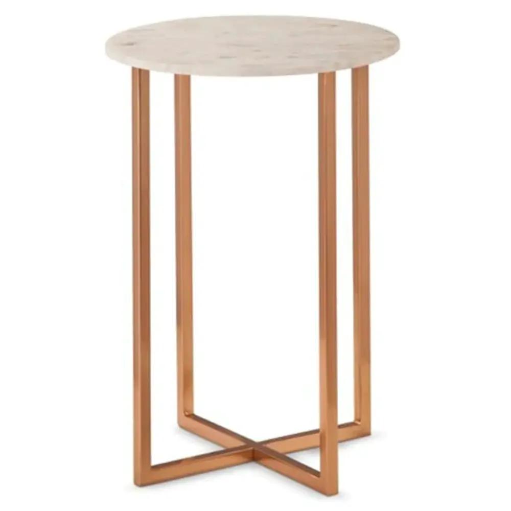 Carrara White Marble Round End Table - Polished Metal Base by GobekDesign