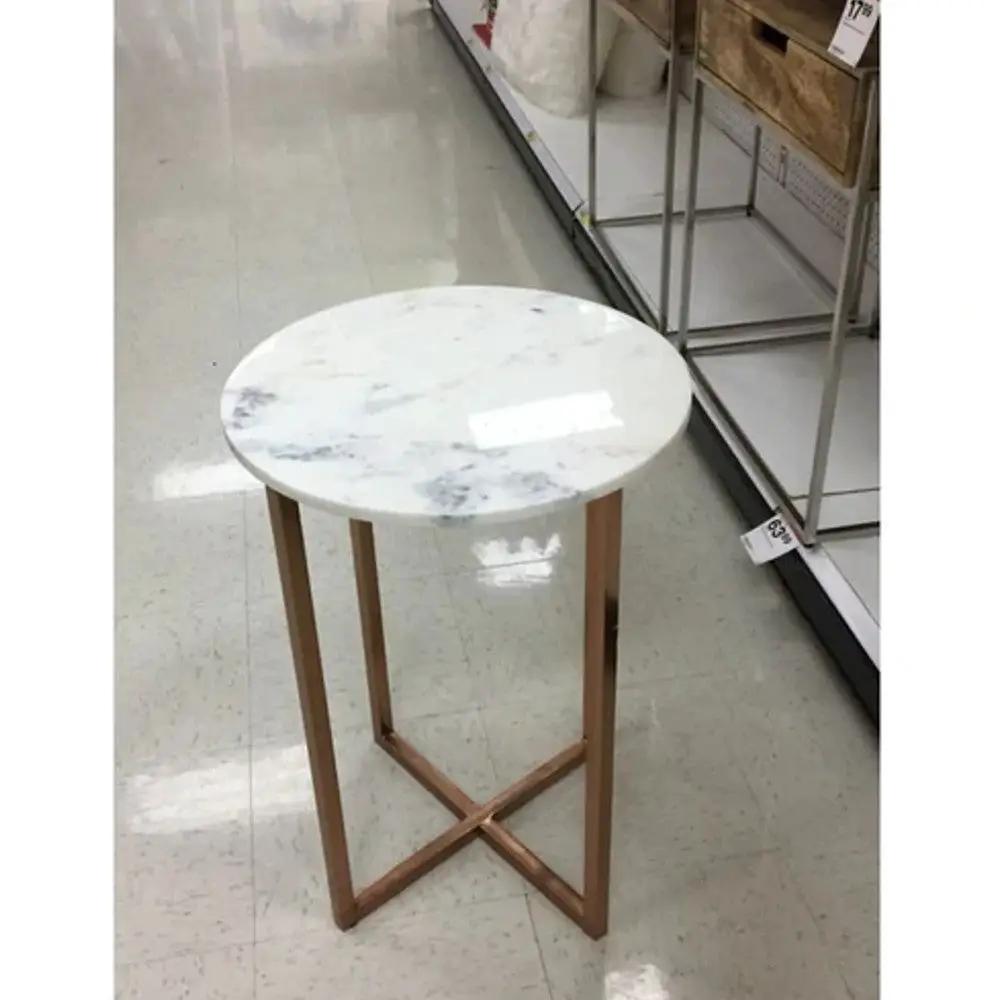 Carrara White Marble Round End Table - Polished Metal Base by GobekDesign