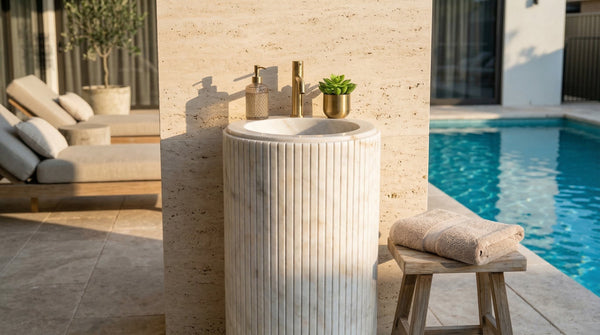 Carrara White Marble Pedestal Sink - Designer Fluted 18x18x33