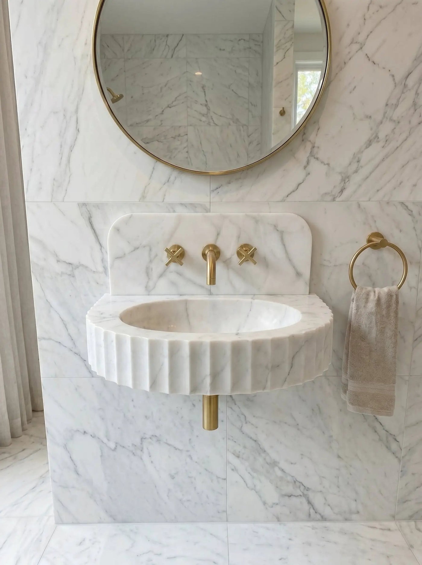 Carrara White Marble Wall-Mount Bathroom Sink with Fluted Front Design 16W x 24L x 6H by GobekDesign