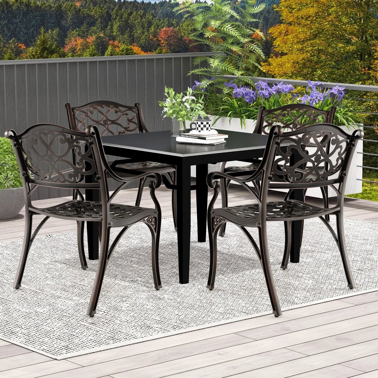 Cast Aluminum Dining Chairs Set of 2 with Patio Chairs Armrests Flower Pattern-Bronze by DirectDeals