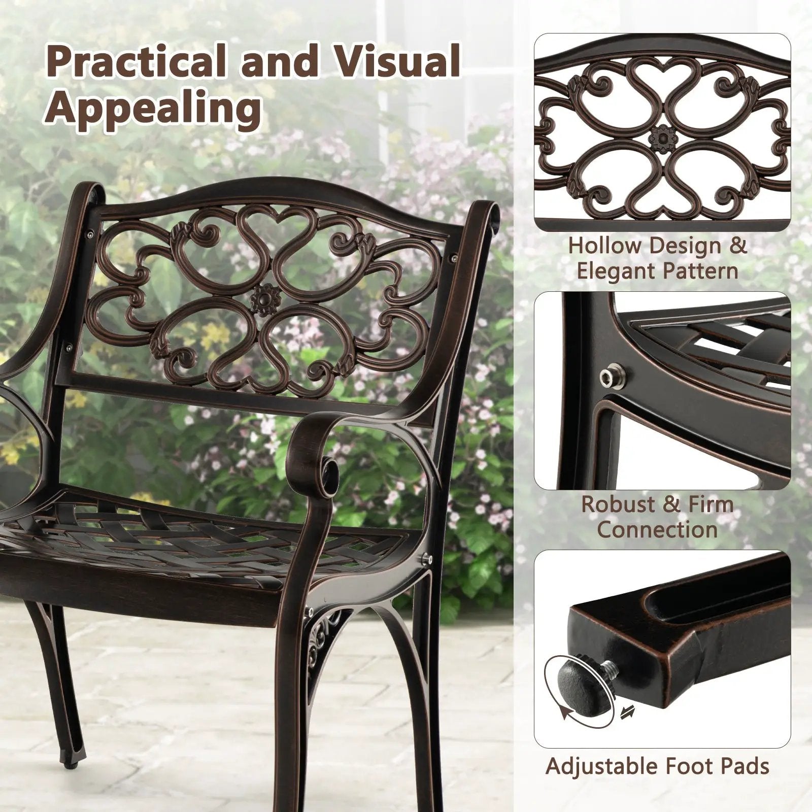 Cast Aluminum Dining Chairs Set of 2 with Patio Chairs Armrests Flower Pattern-Bronze by DirectDeals