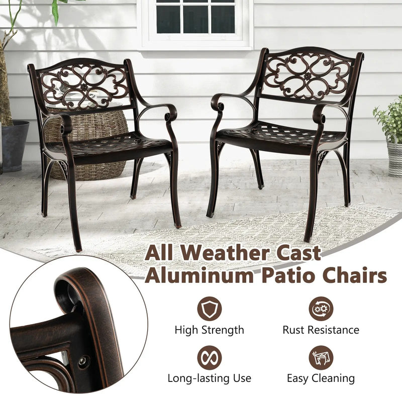 Cast Aluminum Dining Chairs Set of 2 with Patio Chairs Armrests Flower Pattern-Bronze by DirectDeals