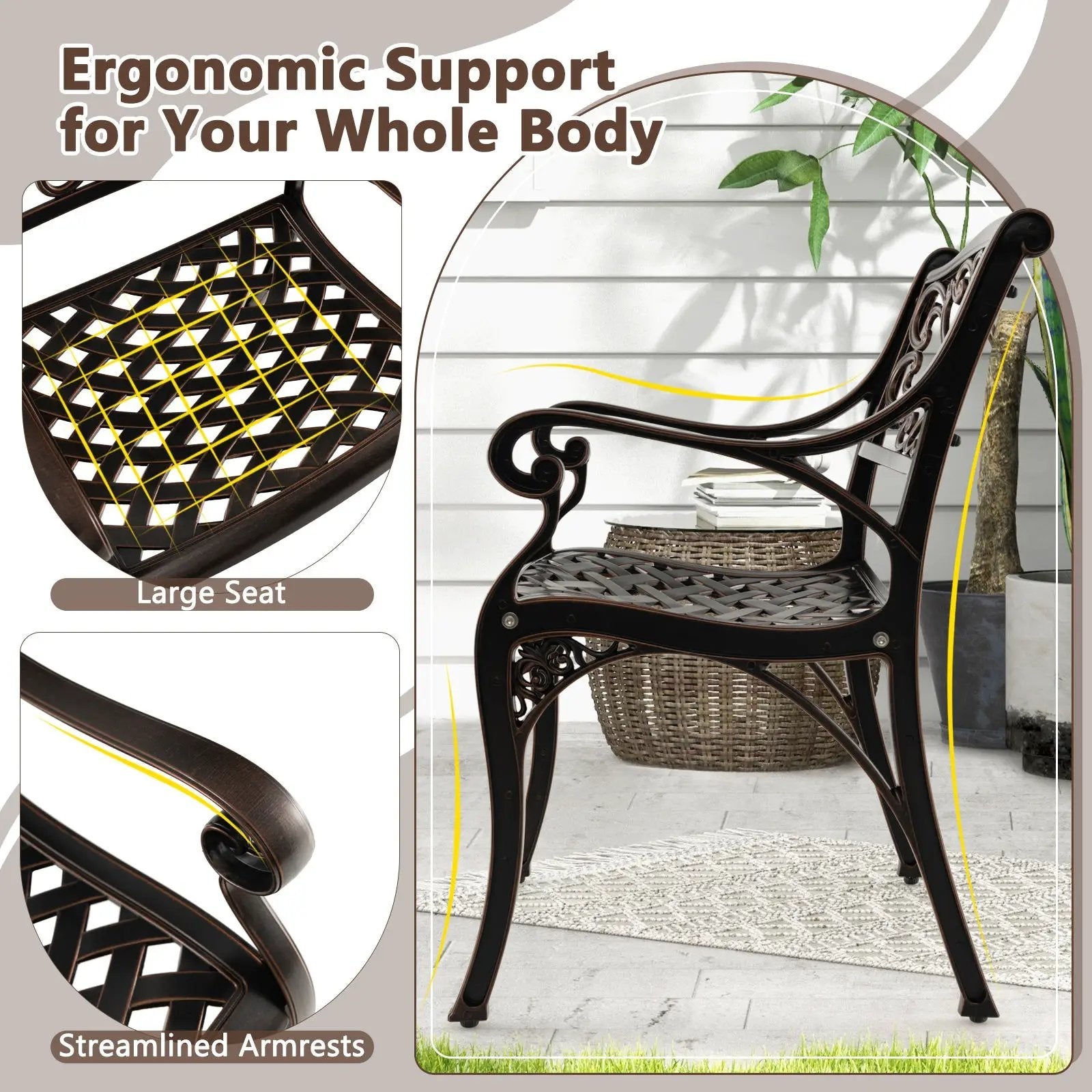 Cast Aluminum Dining Chairs Set of 2 with Patio Chairs Armrests Flower Pattern-Bronze by DirectDeals