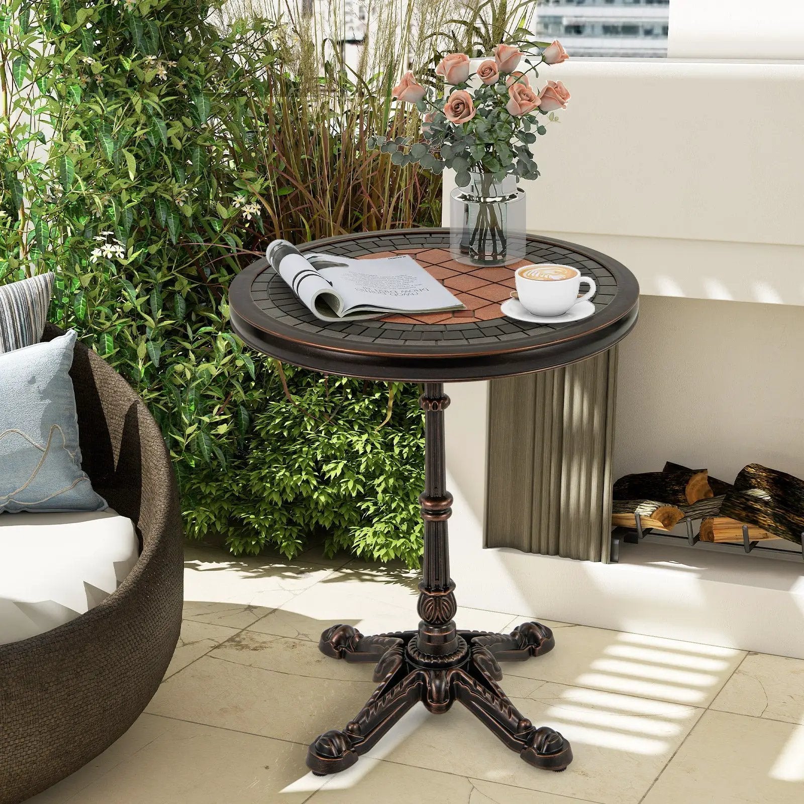 24" Round Patio Dining Table Weather-resistant Cast Aluminum Table-Bronze by DirectDeals