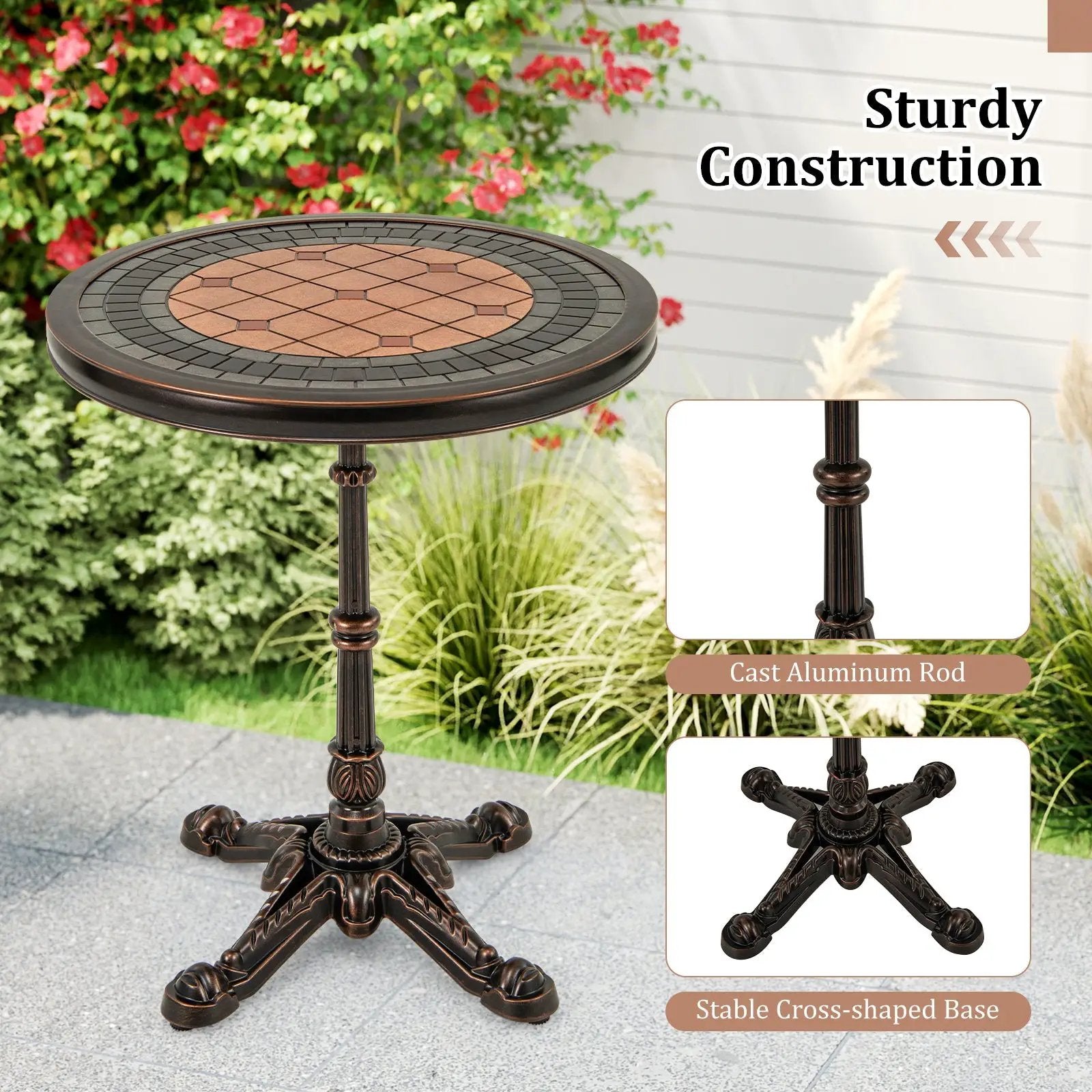 24" Round Patio Dining Table Weather-resistant Cast Aluminum Table-Bronze by DirectDeals