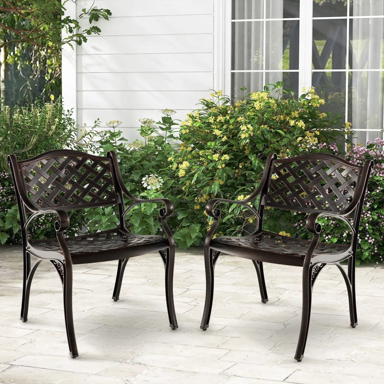 Cast Aluminum Patio Chairs Set of 2 Dining Chairs with Armrests Diamond Pattern-Bronze by DirectDeals
