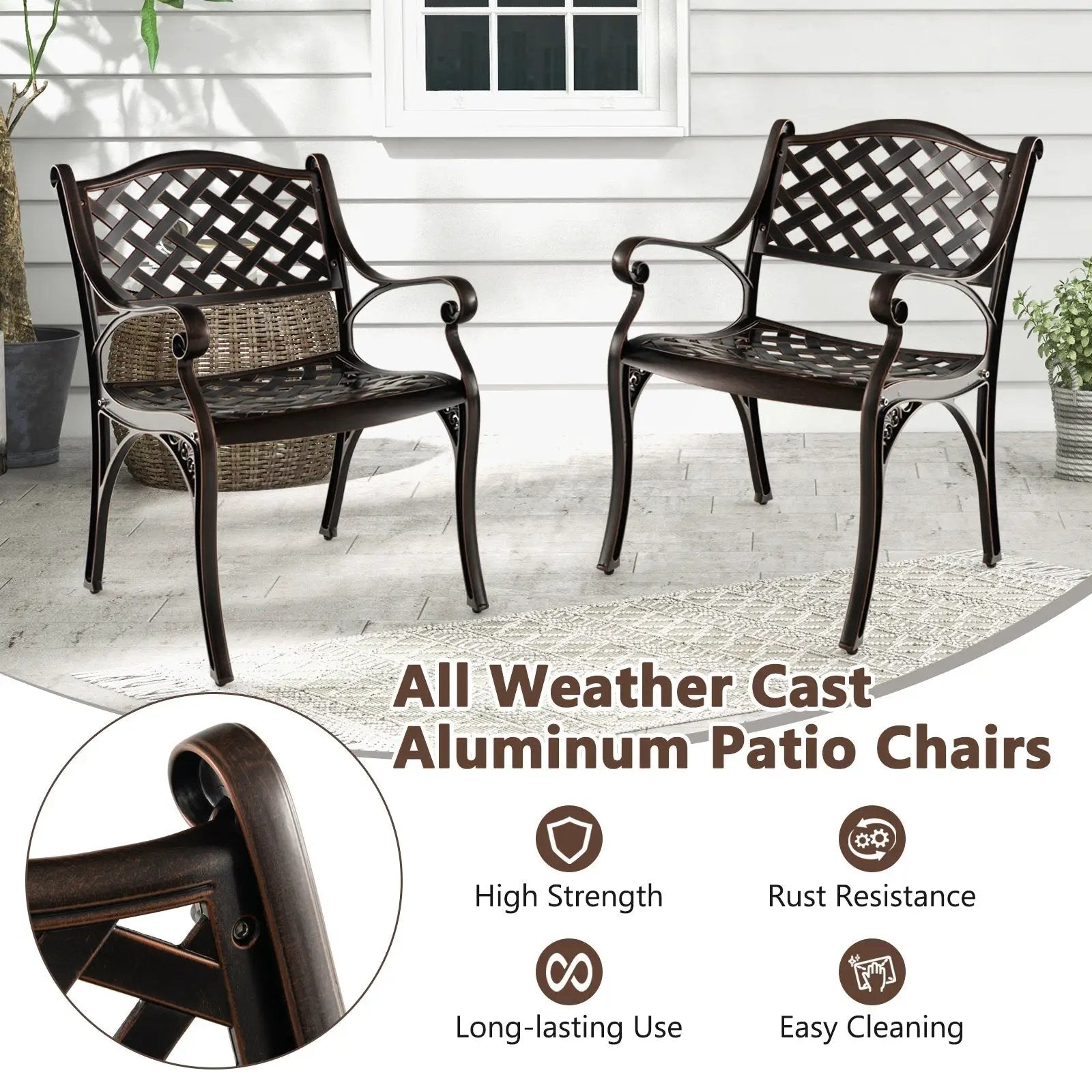 Cast Aluminum Patio Chairs Set of 2 Dining Chairs with Armrests Diamond Pattern-Bronze by DirectDeals