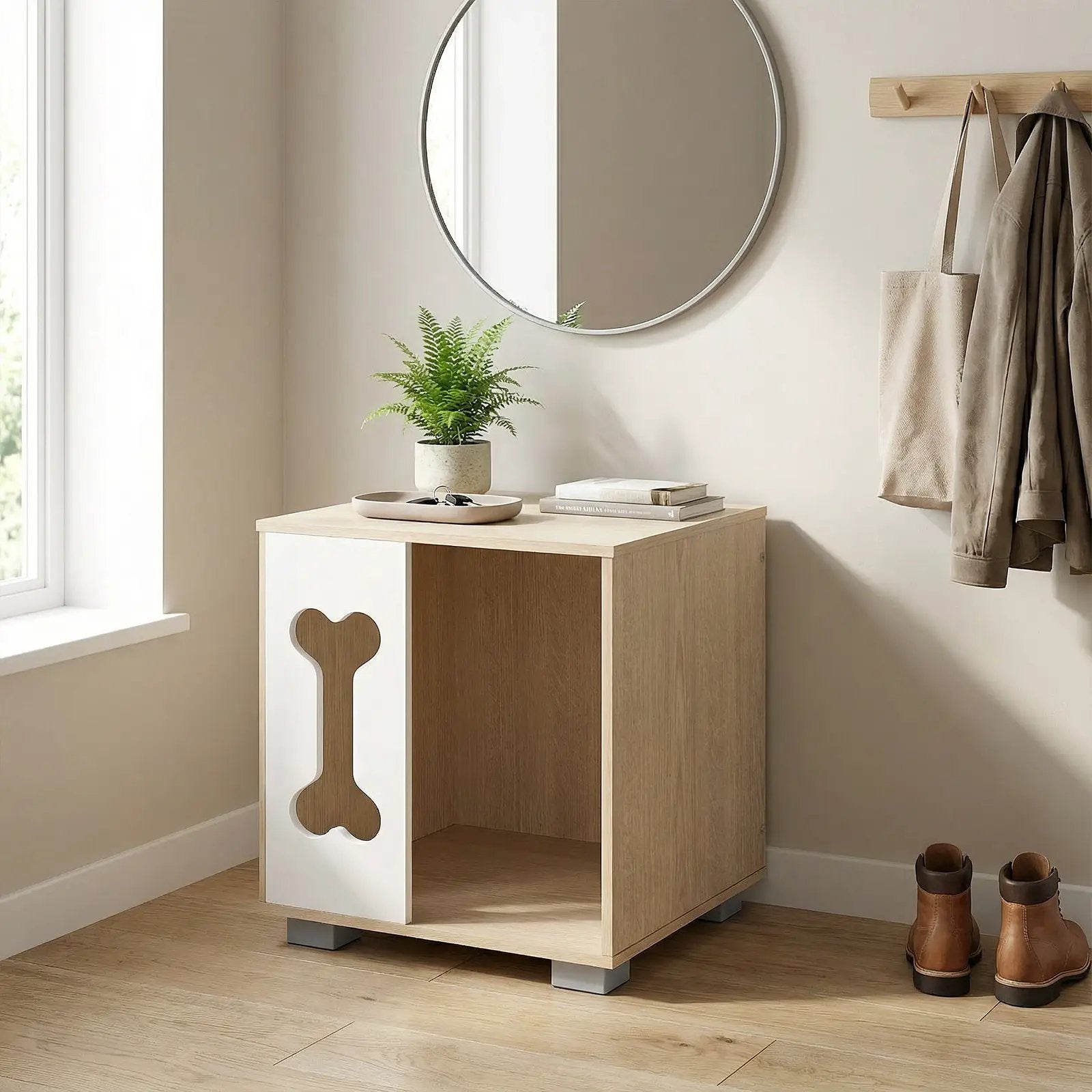 Cat Bed Side Table Wooden Cat Condo with Bone-shape Window and Thick Metal Legs-Natural by DirectDeals