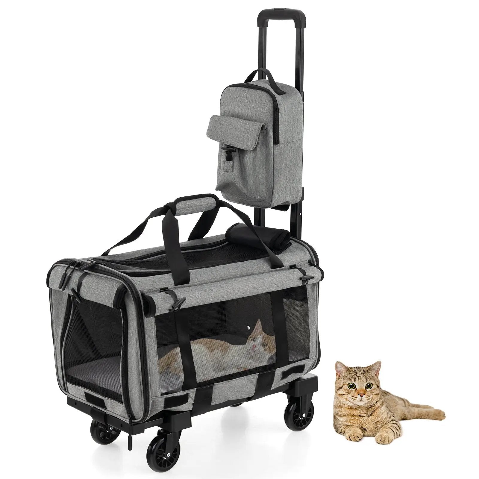 Rolling Cat Carrier with Dual-use Pads and Litter Bag-Gray by DirectDeals