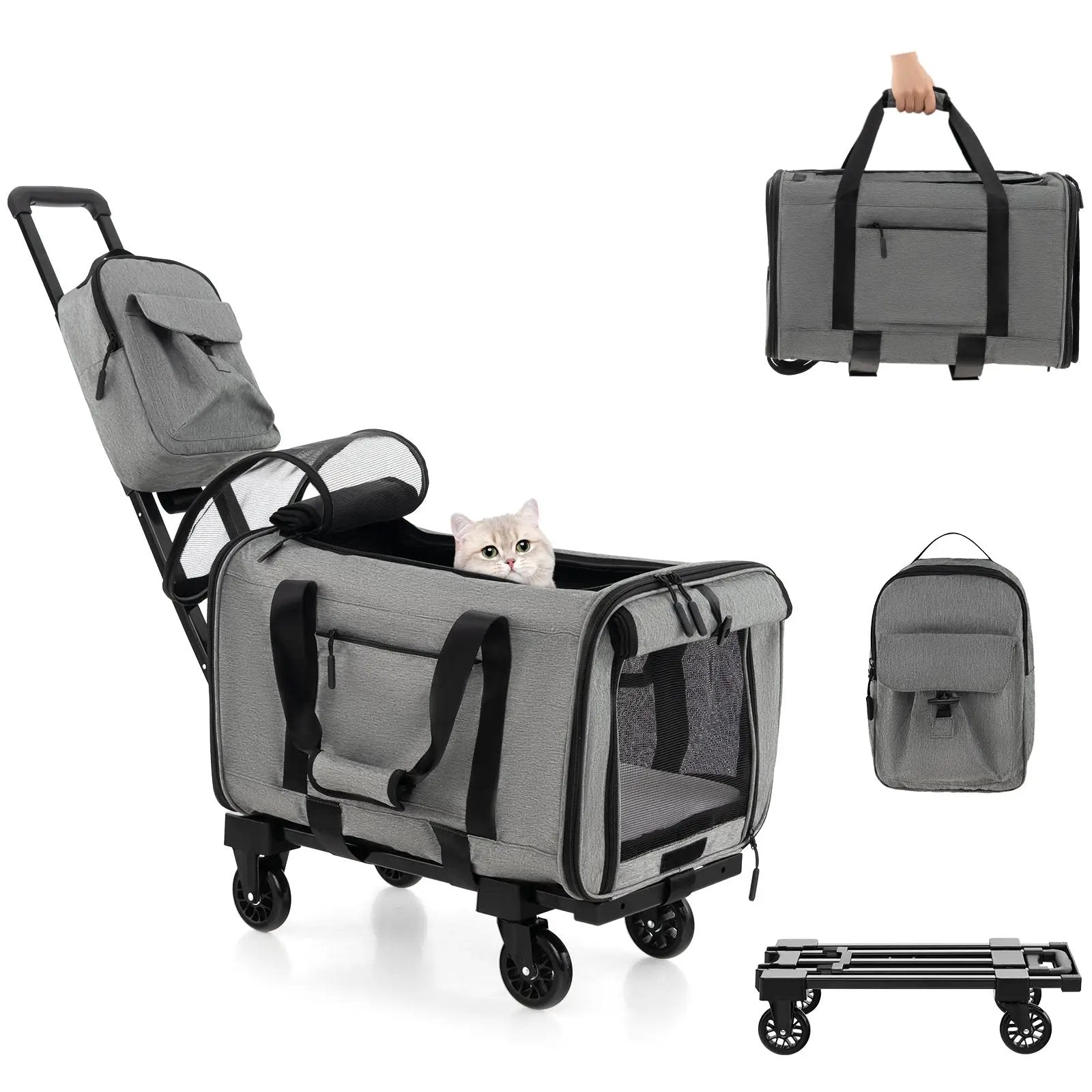 Rolling Cat Carrier with Dual-use Pads and Litter Bag-Gray by DirectDeals