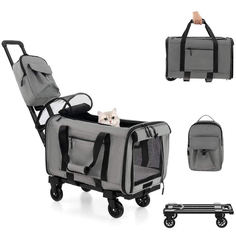 Rolling Cat Carrier with Dual-use Pads and Litter Bag-Gray by DirectDeals
