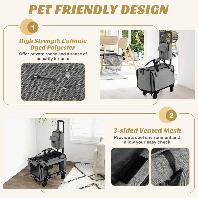 Rolling Cat Carrier with Dual-use Pads and Litter Bag-Gray by DirectDeals