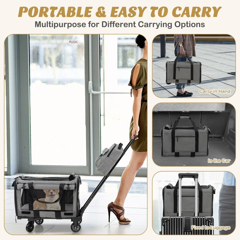 Rolling Cat Carrier with Dual-use Pads and Litter Bag-Gray by DirectDeals