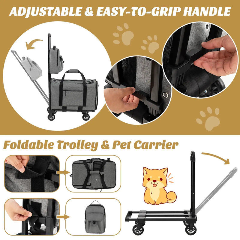 Rolling Cat Carrier with Dual-use Pads and Litter Bag-Gray by DirectDeals