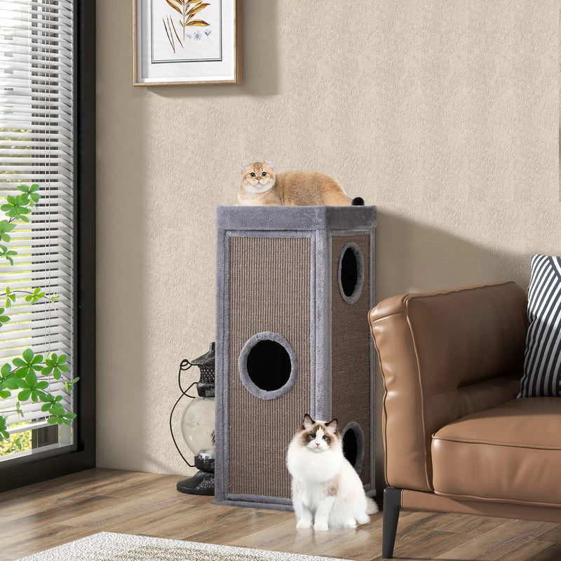 39 Inch Tall Cat Condo with Scratching Posts and 3 Hideaways and 4 Soft Plush Cushions by DirectDeals