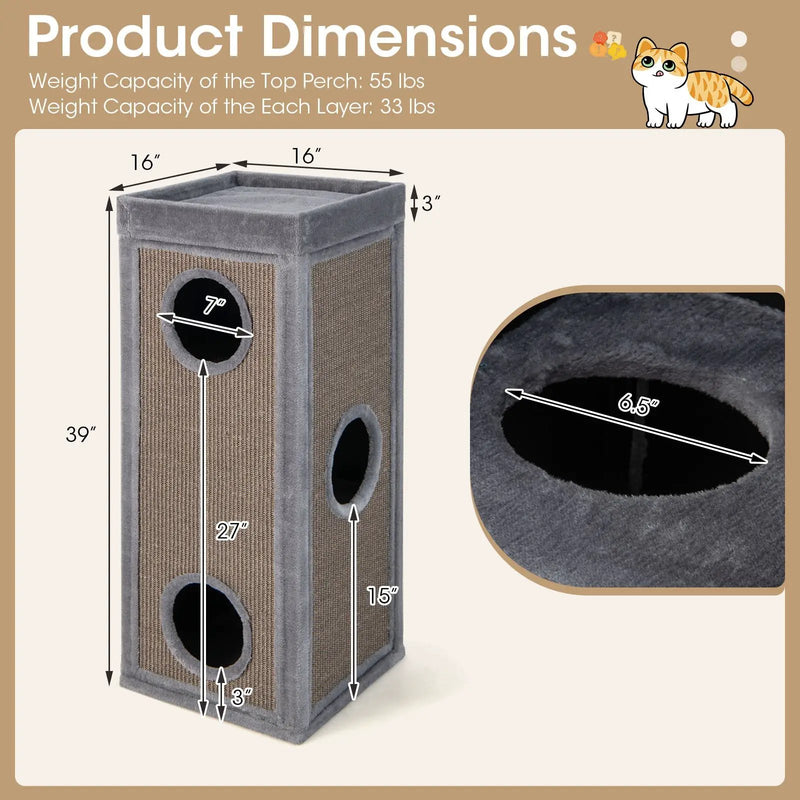 39 Inch Tall Cat Condo with Scratching Posts and 3 Hideaways and 4 Soft Plush Cushions by DirectDeals