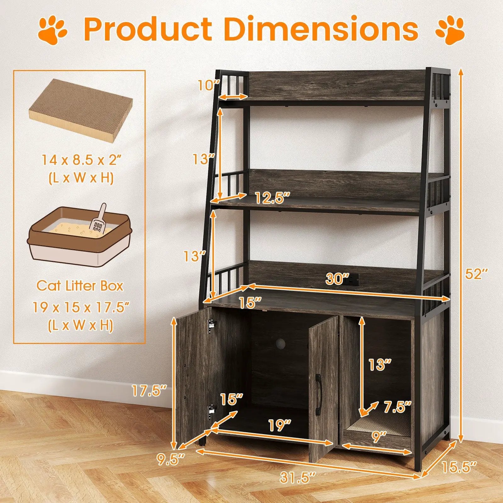 Cat Litter Box Enclosure with Storage Shelves and Scratching Pad by DirectDeals