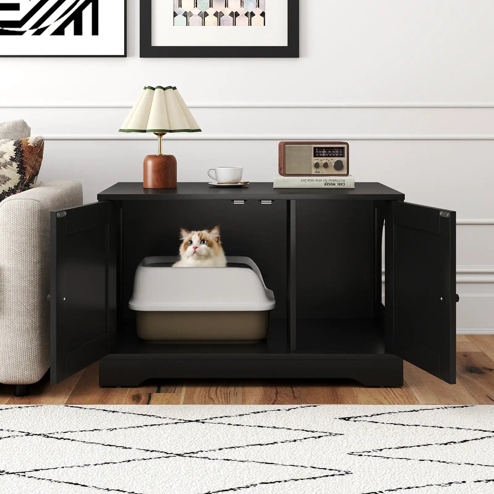 Cat Litter Box Enclosure Furniture Indoor Wooden Cat House End Side Table Nightstand by DirectDeals