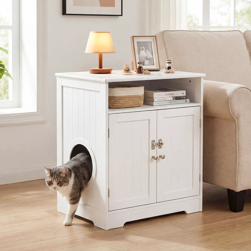 Cat Litter Box Enclosure Wooden Hidden Pet Washroom Furniture-White by DirectDeals