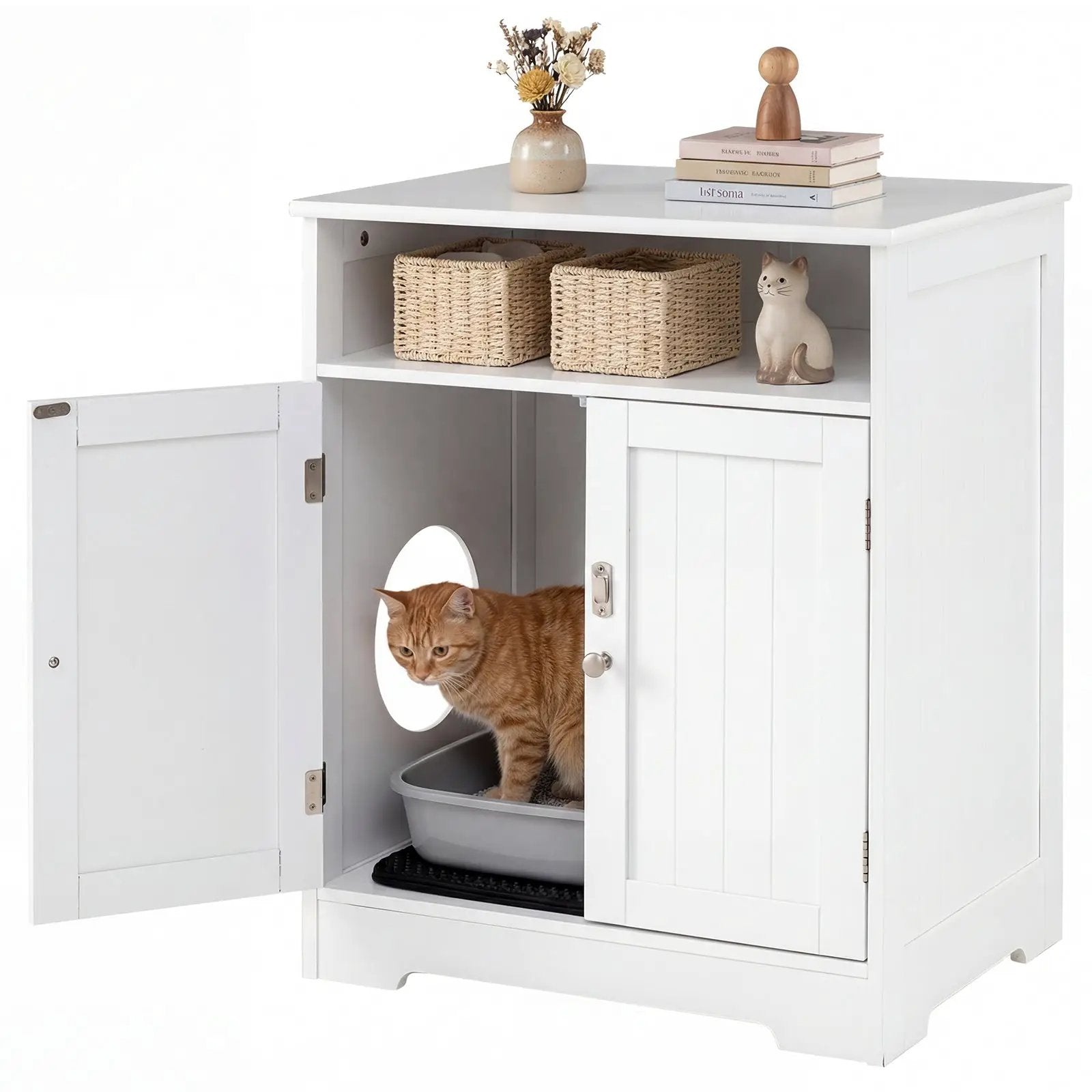 Cat Litter Box Enclosure Wooden Hidden Pet Washroom Furniture-White by DirectDeals