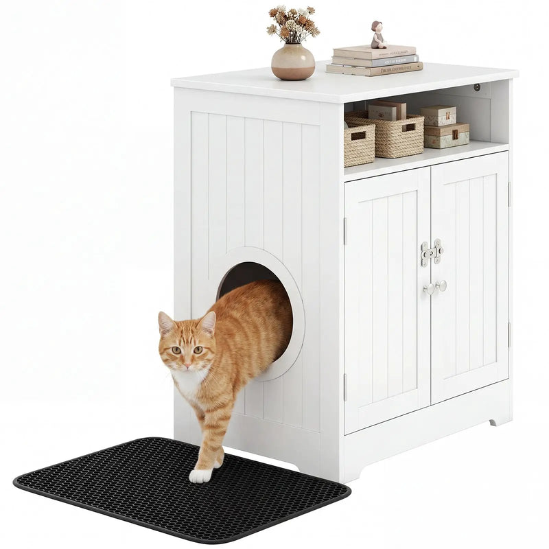 Cat Litter Box Enclosure Wooden Hidden Pet Washroom Furniture-White by DirectDeals