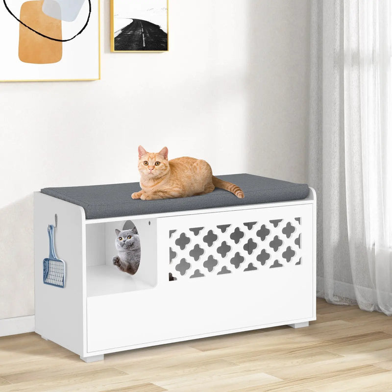 Cat Litter Box Enclosure with Removable Cushion and Front Open Door-White by DirectDeals