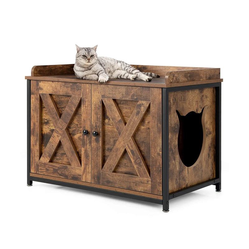 Cat Litter Box Enclosure with Double Doors and Adjustable Footpads-Brown by DirectDeals