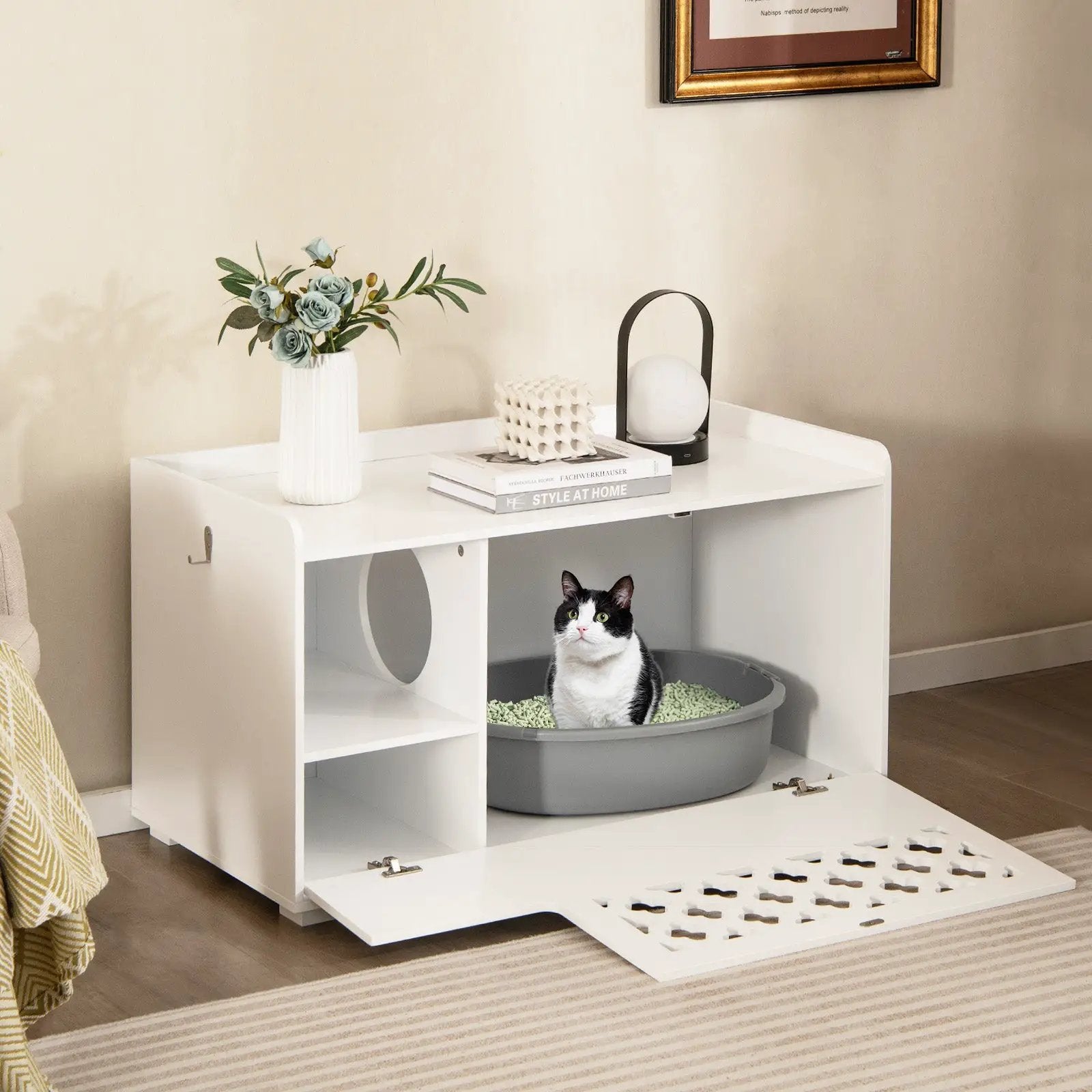 Cat Litter Box Enclosure with Removable Cushion and Front Open Door-White by DirectDeals