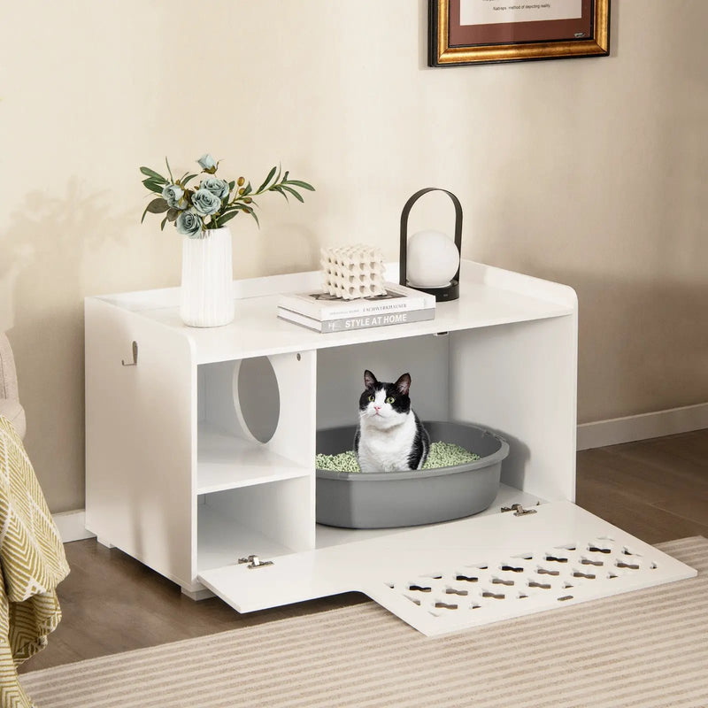 Cat Litter Box Enclosure with Removable Cushion and Front Open Door-White by DirectDeals