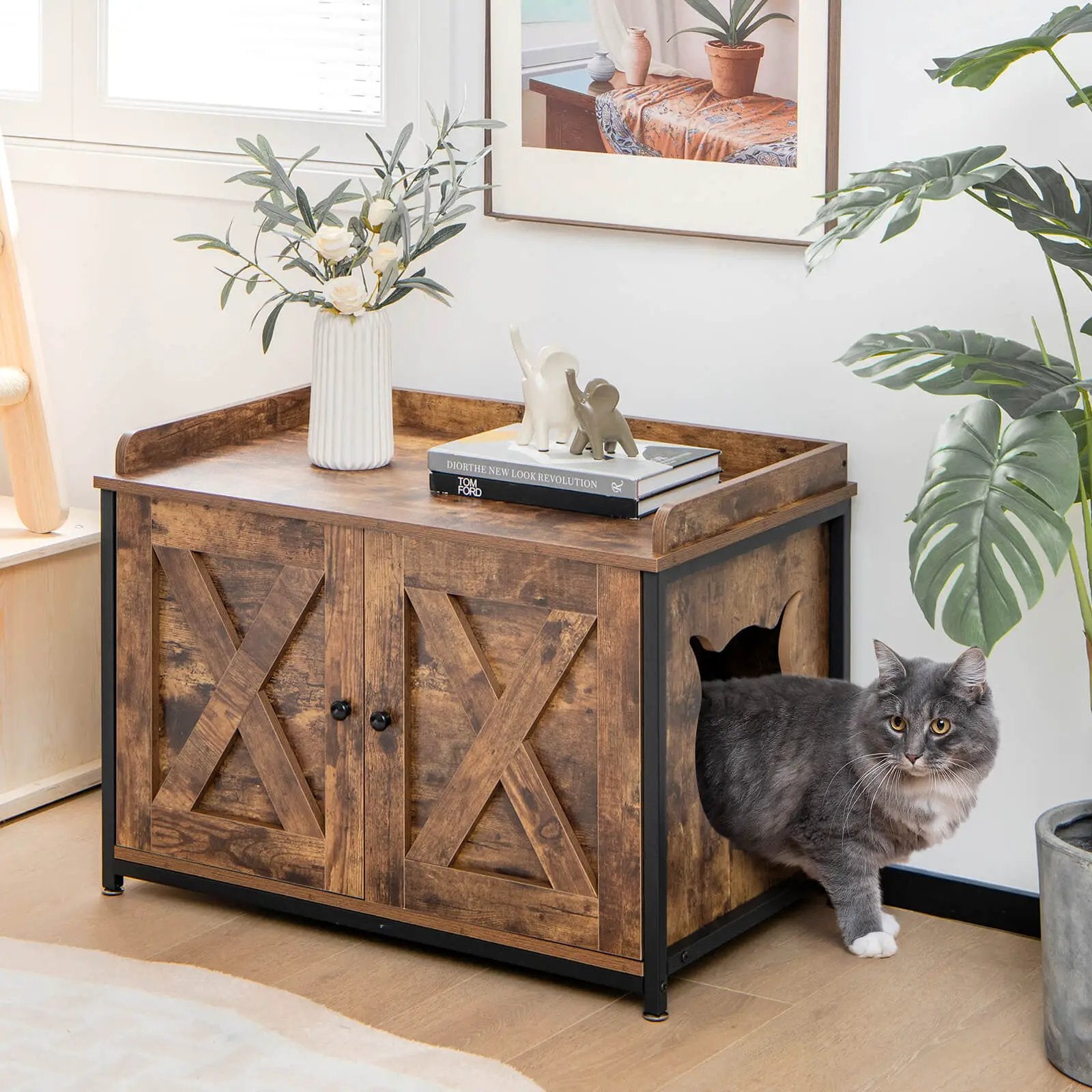 Cat Litter Box Enclosure with Double Doors and Adjustable Footpads-Brown by DirectDeals