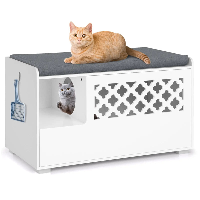 Cat Litter Box Enclosure with Removable Cushion and Front Open Door-White by DirectDeals