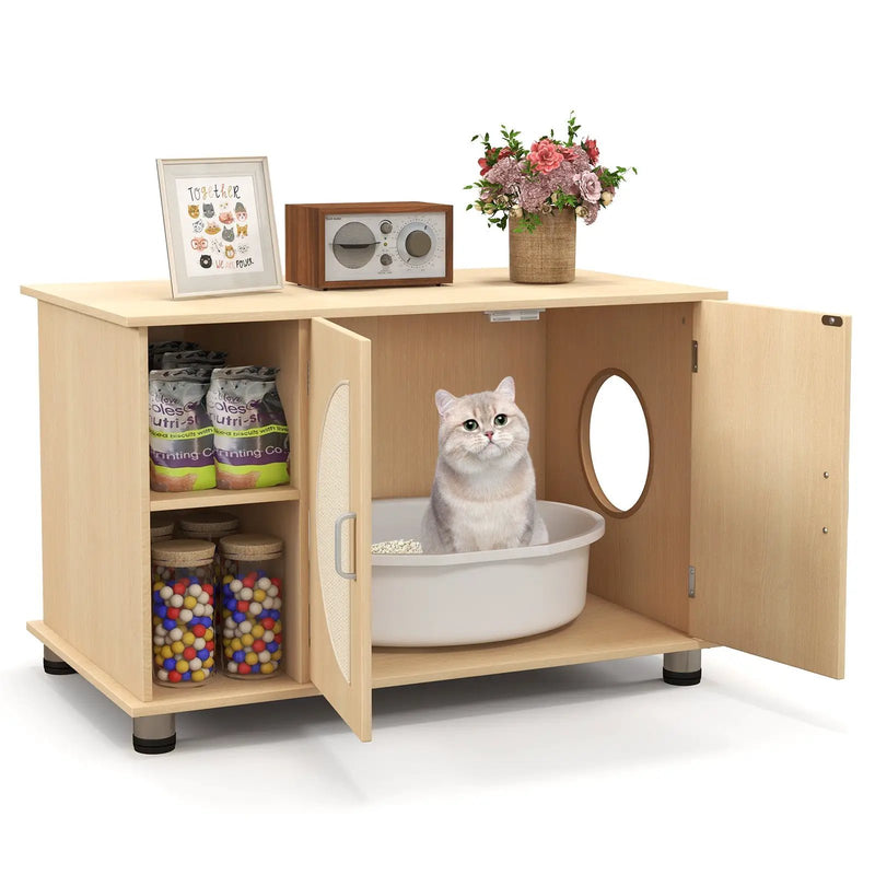 Cat Litter Box Enclosure with Sisal Scratching Doors and Adjustable Metal Feet-Natural by DirectDeals