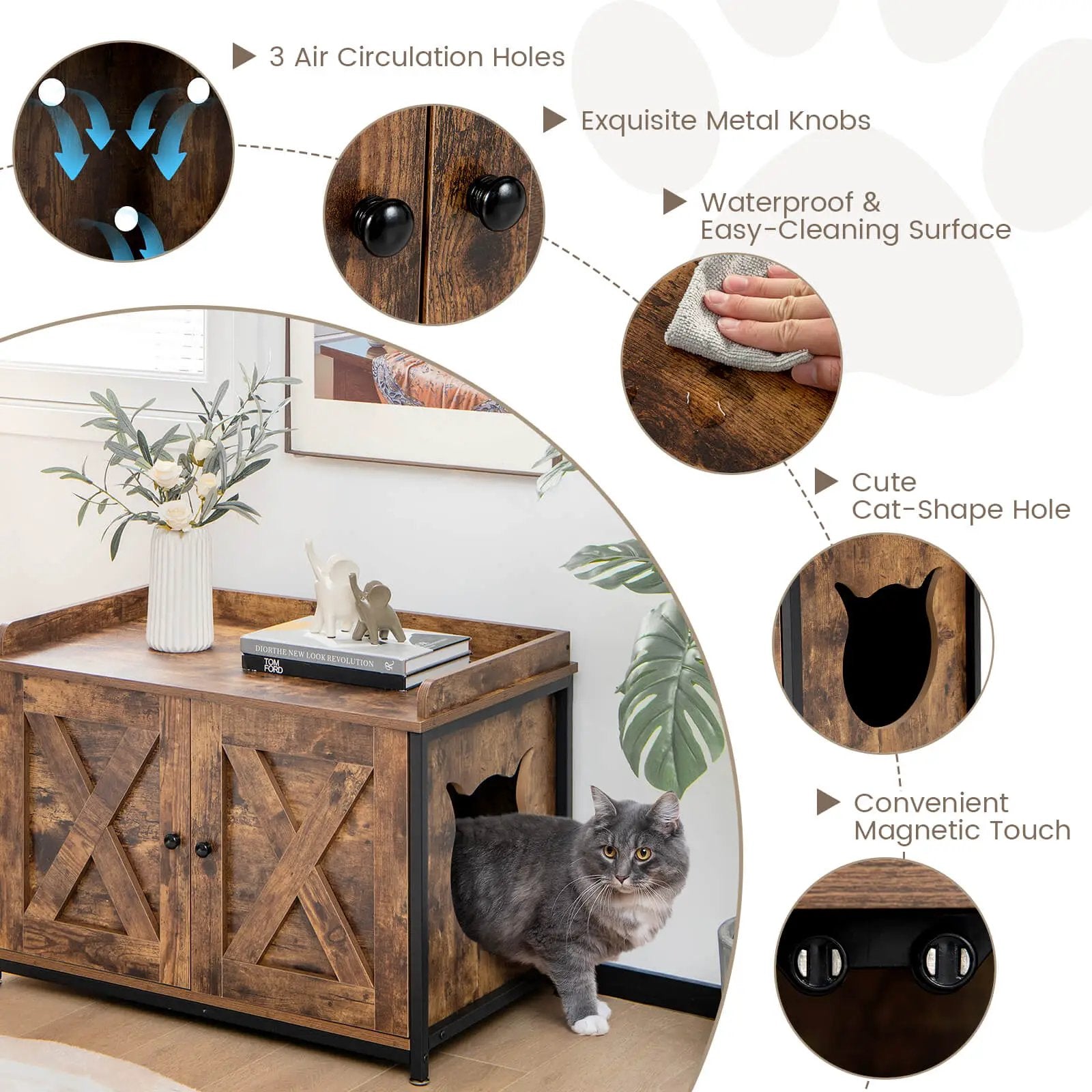 Cat Litter Box Enclosure with Double Doors and Adjustable Footpads-Brown by DirectDeals