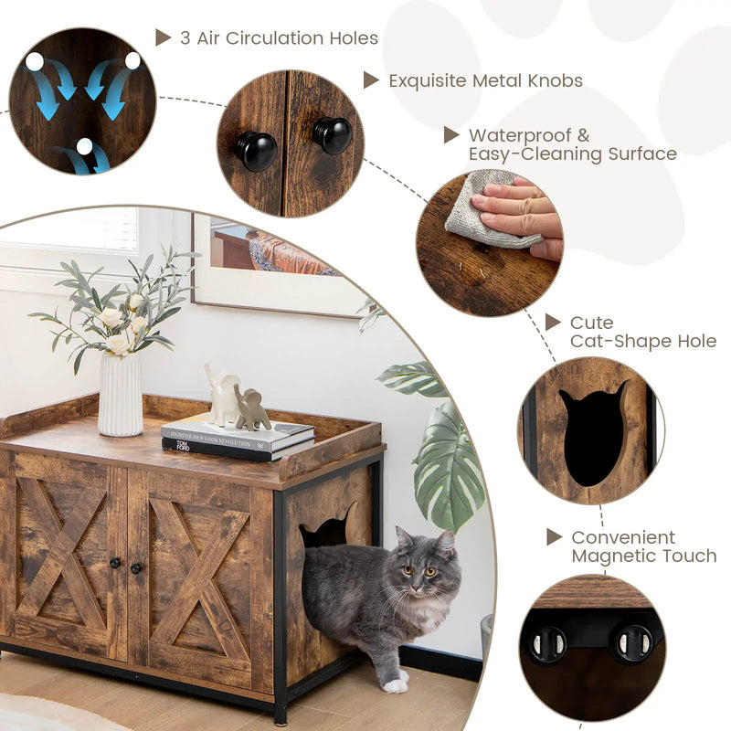Cat Litter Box Enclosure with Double Doors and Adjustable Footpads-Brown by DirectDeals