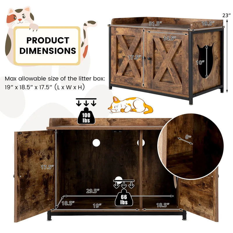 Cat Litter Box Enclosure with Double Doors and Adjustable Footpads-Brown by DirectDeals