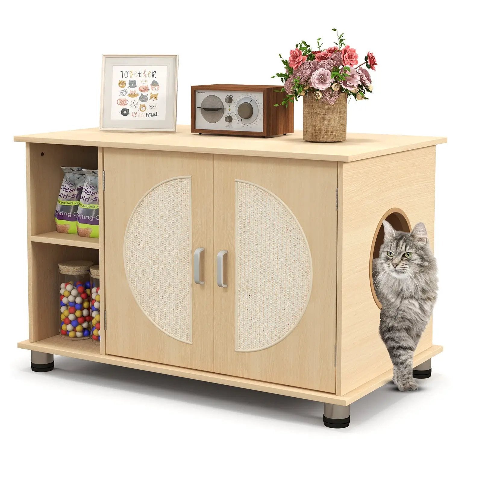 Cat Litter Box Enclosure with Sisal Scratching Doors and Adjustable Metal Feet-Natural by DirectDeals