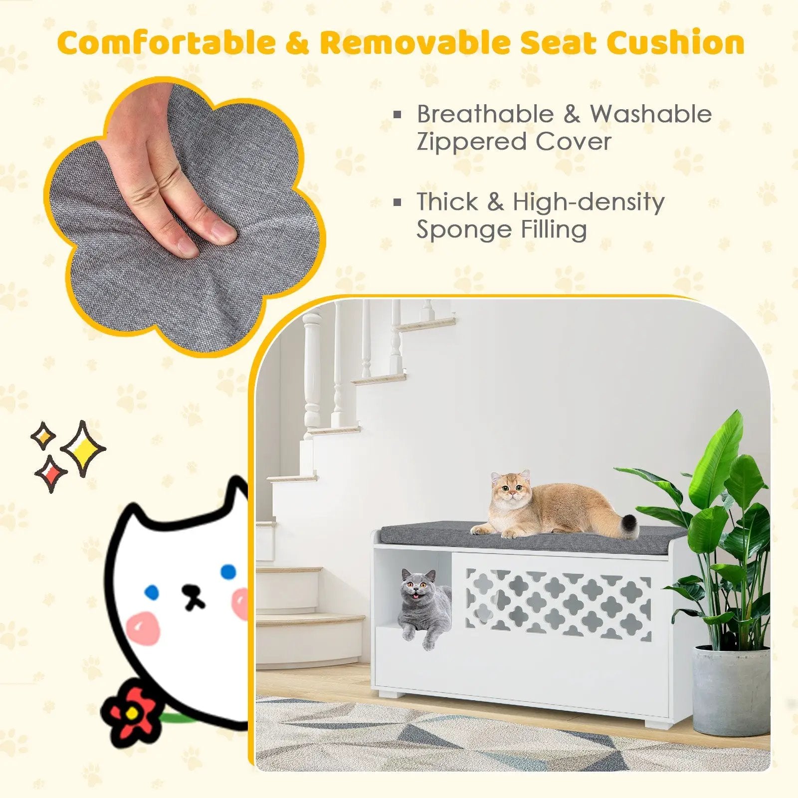 Cat Litter Box Enclosure with Removable Cushion and Front Open Door-White by DirectDeals