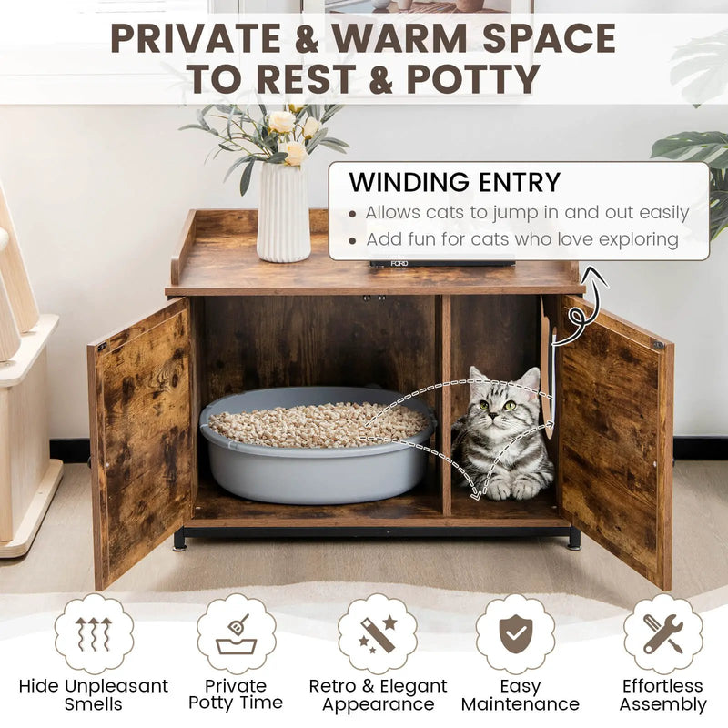 Cat Litter Box Enclosure with Double Doors and Adjustable Footpads-Brown by DirectDeals