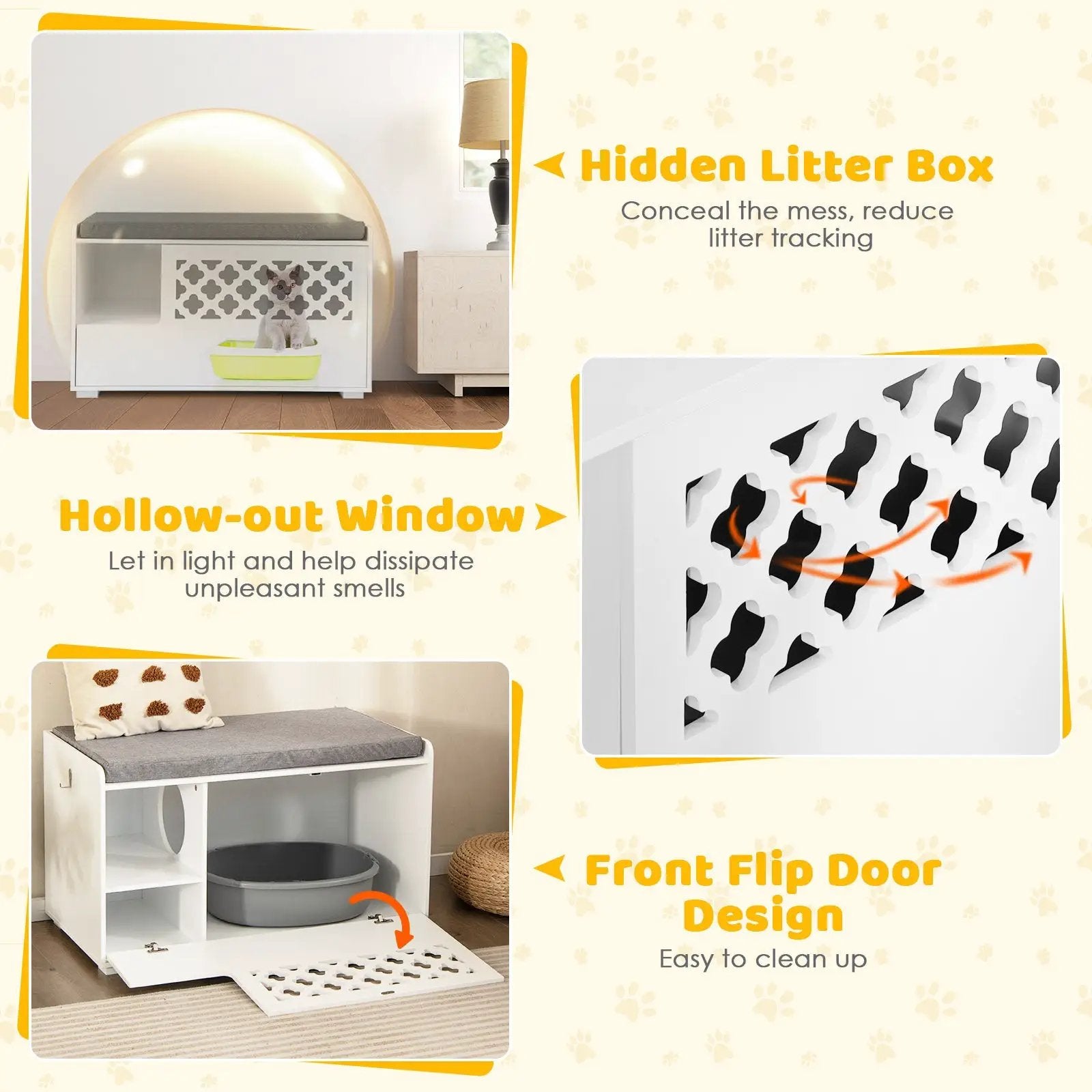 Cat Litter Box Enclosure with Removable Cushion and Front Open Door-White by DirectDeals