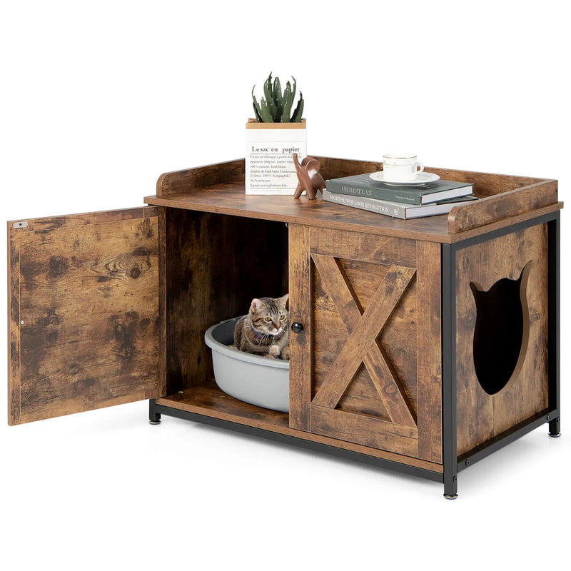 Cat Litter Box Enclosure with Double Doors and Adjustable Footpads-Brown by DirectDeals
