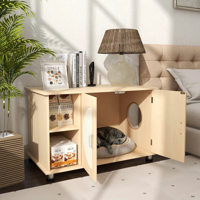 Cat Litter Box Enclosure with Sisal Scratching Doors and Adjustable Metal Feet-Natural by DirectDeals