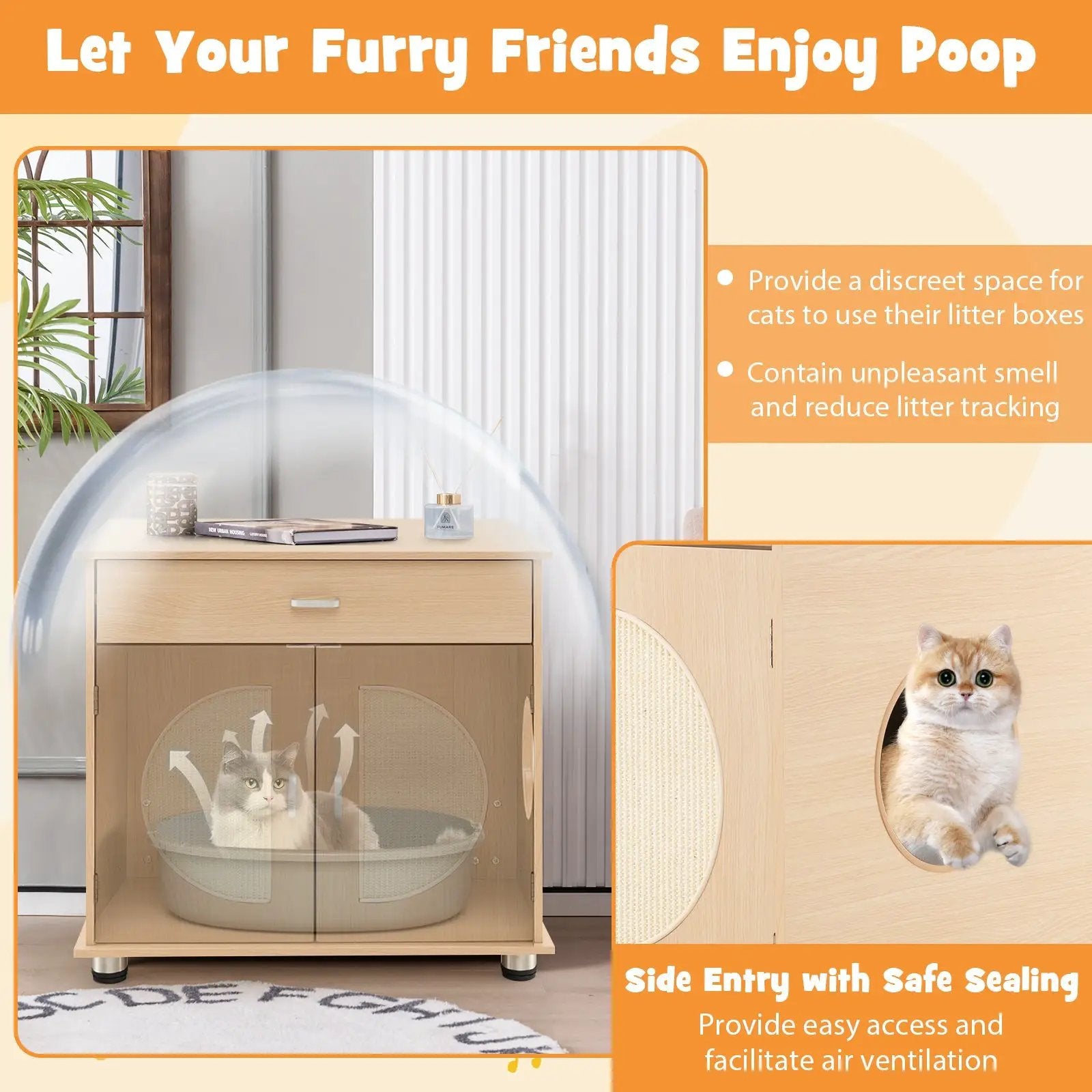 Cat Litter Box Enclosure with Sisal Scratching Doors and Storage-Natural by DirectDeals