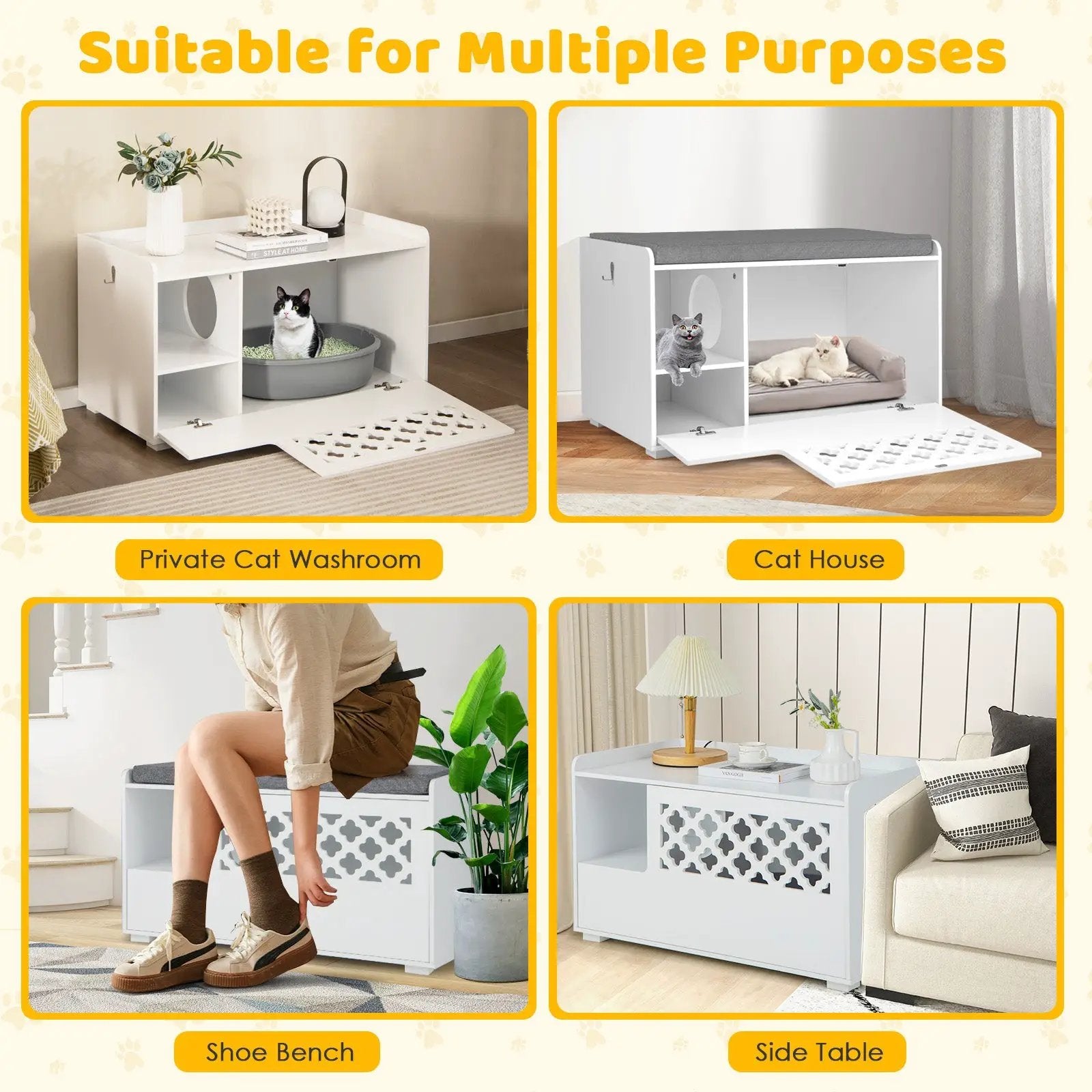 Cat Litter Box Enclosure with Removable Cushion and Front Open Door-White by DirectDeals