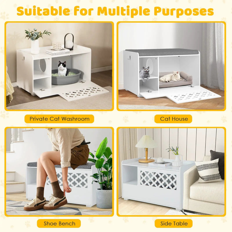 Cat Litter Box Enclosure with Removable Cushion and Front Open Door-White by DirectDeals