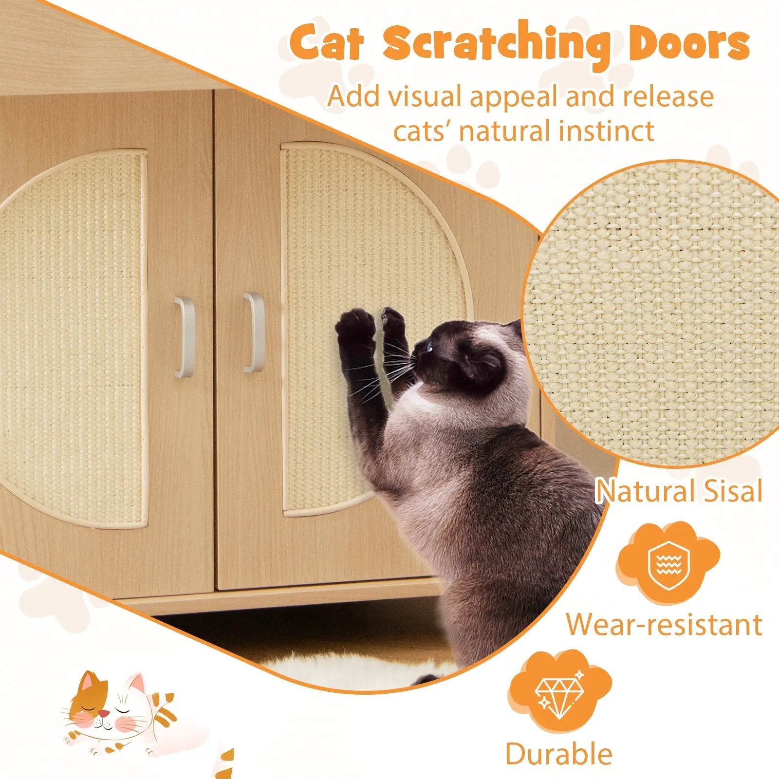 Cat Litter Box Enclosure with Sisal Scratching Doors and Storage-Natural by DirectDeals