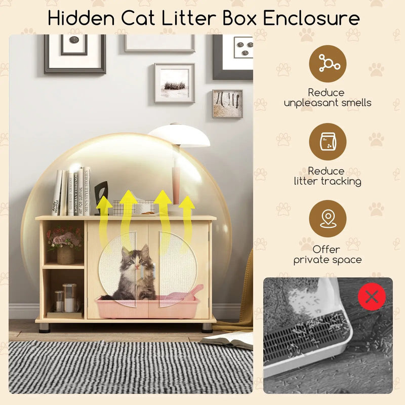 Cat Litter Box Enclosure with Sisal Scratching Doors and Adjustable Metal Feet-Natural by DirectDeals
