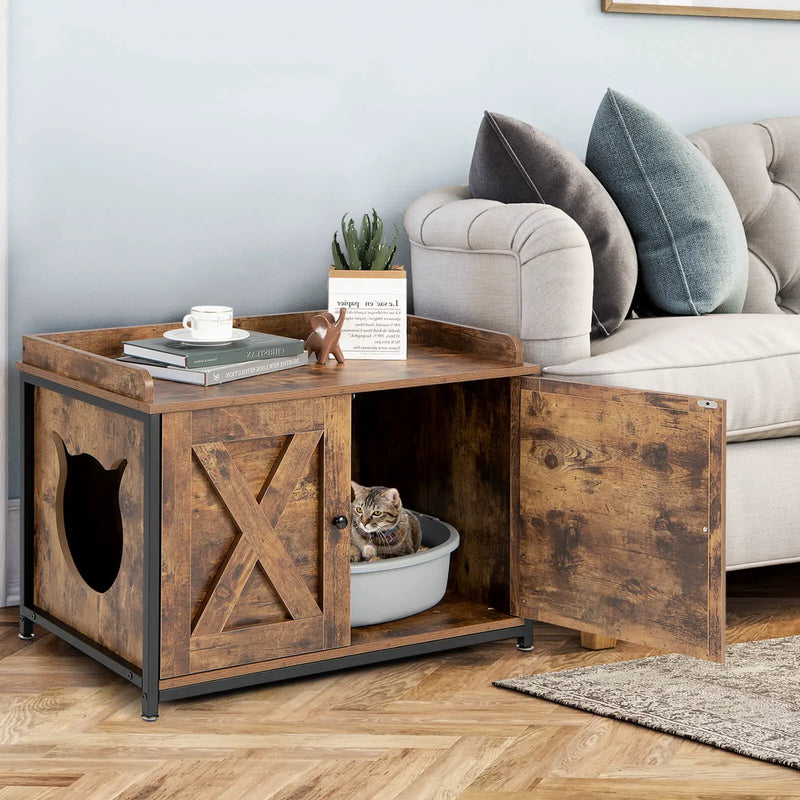 Cat Litter Box Enclosure with Double Doors and Adjustable Footpads-Brown by DirectDeals